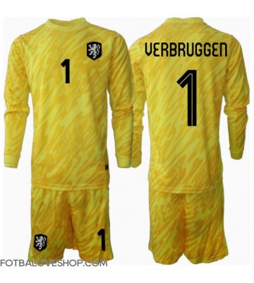 Holandsko Bart Verbruggen #1 Brankářské Dětské Venkovní Dres ME 2024 Dlouhý Rukáv (+ trenýrky)